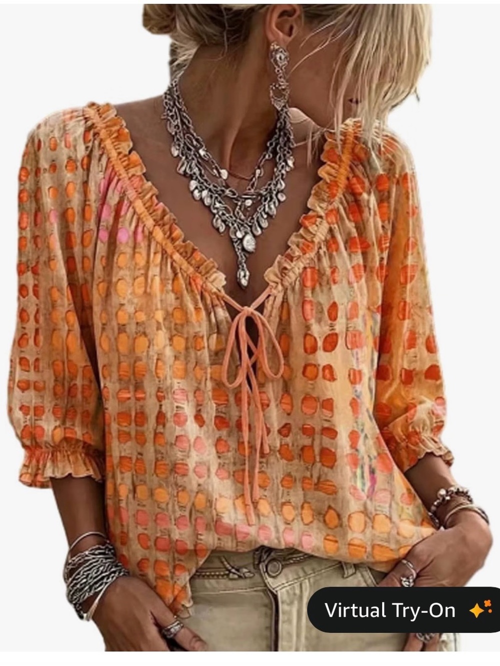 Women's Boho Tan/ Orange/pink Tie-Front V-Neck Blouse, size small